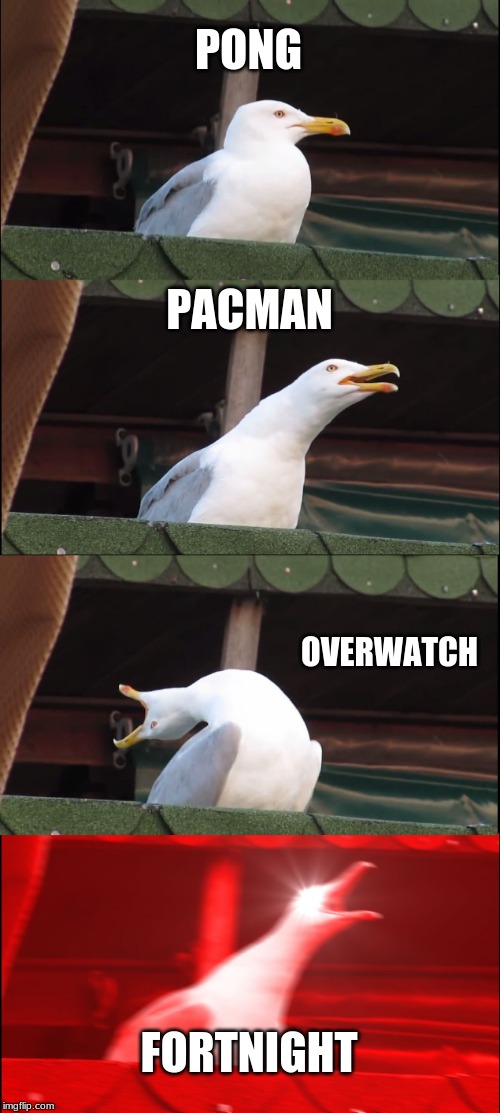 Inhaling Seagull | PONG; PACMAN; OVERWATCH; FORTNIGHT | image tagged in memes,inhaling seagull | made w/ Imgflip meme maker