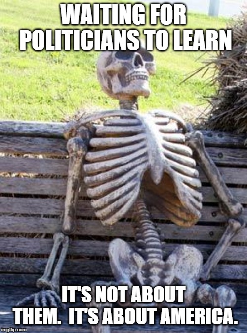 Waiting Skeleton | WAITING FOR POLITICIANS TO LEARN; IT'S NOT ABOUT THEM.  IT'S ABOUT AMERICA. | image tagged in memes,waiting skeleton | made w/ Imgflip meme maker