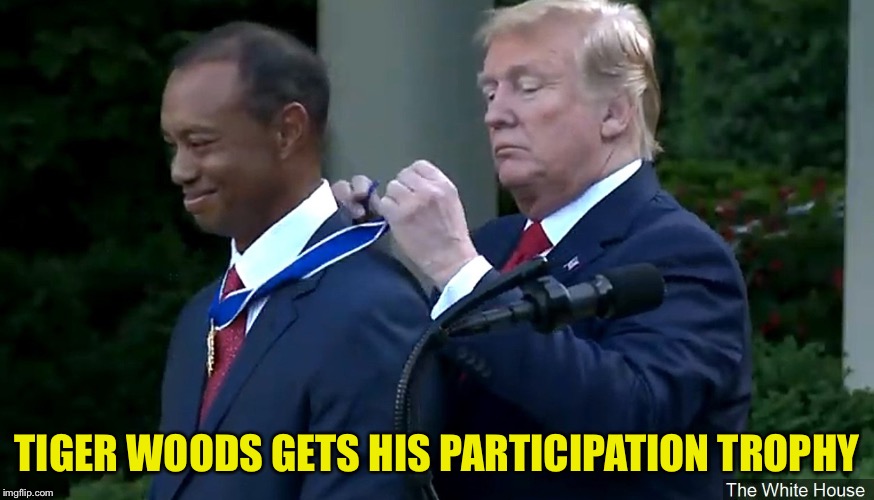 Participation Trophy | TIGER WOODS GETS HIS PARTICIPATION TROPHY | image tagged in tiger woods,donald trump | made w/ Imgflip meme maker