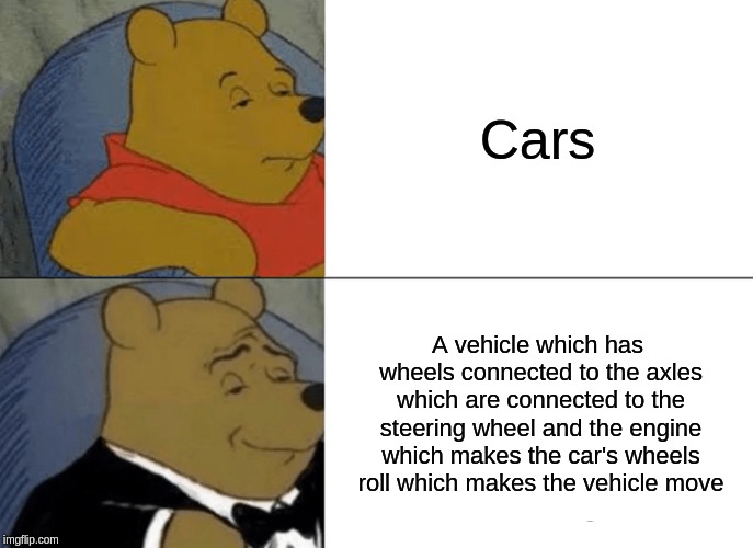 Well it's science class in a meme, what can I tell you? | Cars; A vehicle which has wheels connected to the axles which are connected to the steering wheel and the engine which makes the car's wheels roll which makes the vehicle move | image tagged in memes,tuxedo winnie the pooh,car,funny memes,random,science | made w/ Imgflip meme maker