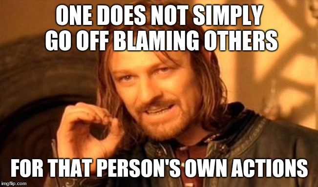 one does not simply blame others | ONE DOES NOT SIMPLY GO OFF BLAMING OTHERS; FOR THAT PERSON'S OWN ACTIONS | image tagged in memes,one does not simply,fun | made w/ Imgflip meme maker