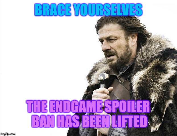 Be careful on the Internet, fans! | BRACE YOURSELVES; THE ENDGAME SPOILER BAN HAS BEEN LIFTED | image tagged in memes,brace yourselves x is coming,avengers | made w/ Imgflip meme maker