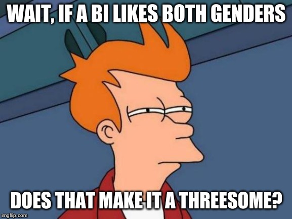 Futurama Fry Meme | WAIT, IF A BI LIKES BOTH GENDERS; DOES THAT MAKE IT A THREESOME? | image tagged in memes,futurama fry | made w/ Imgflip meme maker