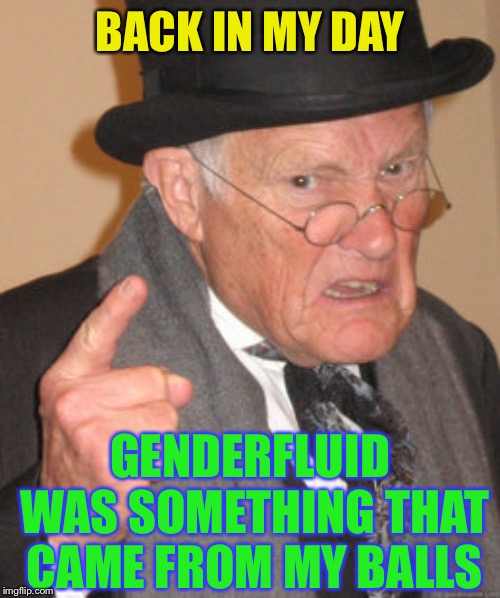 Back In My Day Meme | BACK IN MY DAY GENDERFLUID WAS SOMETHING THAT CAME FROM MY BALLS | image tagged in memes,back in my day | made w/ Imgflip meme maker