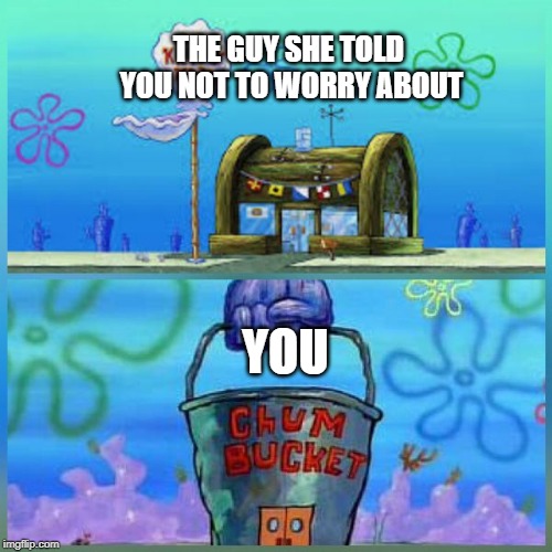 makes perfect sense | THE GUY SHE TOLD YOU NOT TO WORRY ABOUT; YOU | image tagged in memes,krusty krab vs chum bucket | made w/ Imgflip meme maker