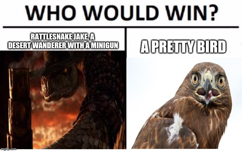 Both | RATTLESNAKE JAKE, A DESERT WANDERER WITH A MINIGUN; A PRETTY BIRD | image tagged in who would win | made w/ Imgflip meme maker