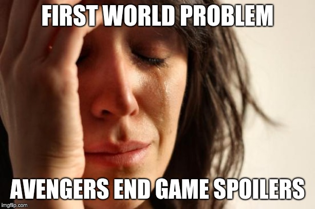 First World Problems | FIRST WORLD PROBLEM; AVENGERS END GAME SPOILERS | image tagged in memes,first world problems | made w/ Imgflip meme maker