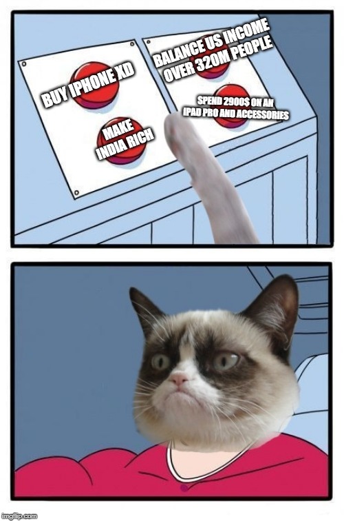 Grumpy Cat Four Buttons | BALANCE US INCOME OVER 320M PEOPLE; BUY IPHONE XD; SPEND 2900$ ON AN IPAD PRO AND ACCESSORIES; MAKE INDIA RICH | image tagged in grumpy cat four buttons | made w/ Imgflip meme maker