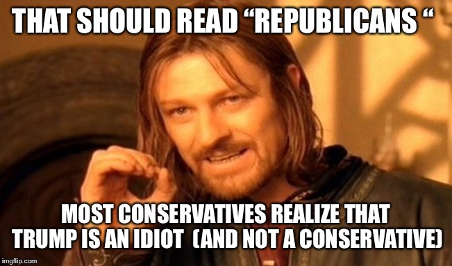 One Does Not Simply Meme | THAT SHOULD READ “REPUBLICANS “ MOST CONSERVATIVES REALIZE THAT TRUMP IS AN IDIOT  (AND NOT A CONSERVATIVE) | image tagged in memes,one does not simply | made w/ Imgflip meme maker