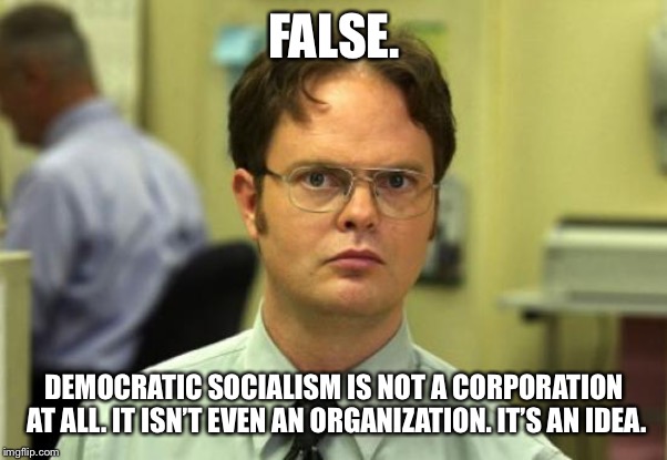 Dwight Schrute Meme | FALSE. DEMOCRATIC SOCIALISM IS NOT A CORPORATION AT ALL. IT ISN’T EVEN AN ORGANIZATION. IT’S AN IDEA. | image tagged in memes,dwight schrute | made w/ Imgflip meme maker