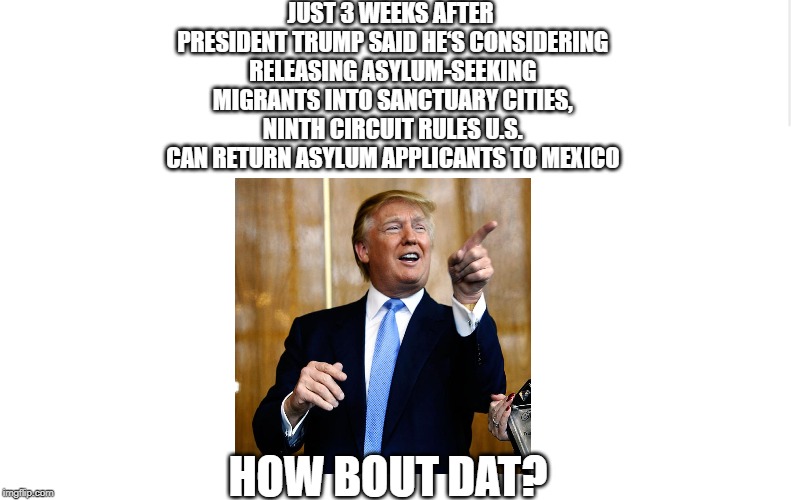 Funny how that worked out. | JUST 3 WEEKS AFTER PRESIDENT TRUMP SAID HE‘S CONSIDERING RELEASING ASYLUM-SEEKING MIGRANTS INTO SANCTUARY CITIES, NINTH CIRCUIT RULES U.S. CAN RETURN ASYLUM APPLICANTS TO MEXICO; HOW BOUT DAT? | image tagged in blank meme template,donald trump,politics,political meme | made w/ Imgflip meme maker