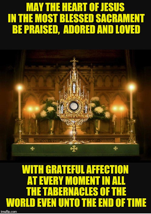 MAY THE HEART OF JESUS IN THE MOST BLESSED SACRAMENT BE PRAISED,  ADORED AND LOVED; WITH GRATEFUL AFFECTION AT EVERY MOMENT IN ALL THE TABERNACLES OF THE WORLD EVEN UNTO THE END OF TIME | made w/ Imgflip meme maker