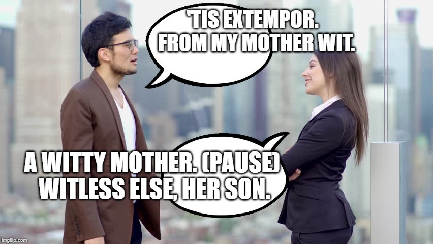 man and woman | 'TIS EXTEMPOR.  FROM MY MOTHER WIT. A WITTY MOTHER. (PAUSE) WITLESS ELSE, HER SON. | image tagged in man and woman | made w/ Imgflip meme maker