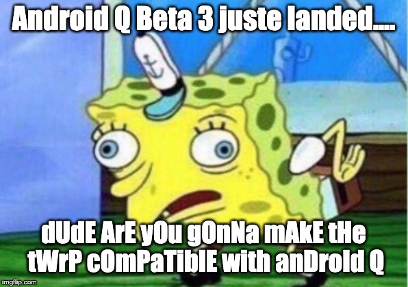 Mocking Spongebob Meme | Android Q Beta 3 juste landed.... dUdE ArE yOu gOnNa mAkE tHe tWrP cOmPaTiblE with anDroId Q | image tagged in memes,mocking spongebob | made w/ Imgflip meme maker