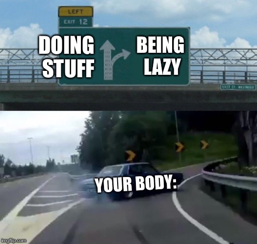 Left Exit 12 Off Ramp Meme | BEING LAZY; DOING STUFF; YOUR BODY: | image tagged in memes,left exit 12 off ramp | made w/ Imgflip meme maker
