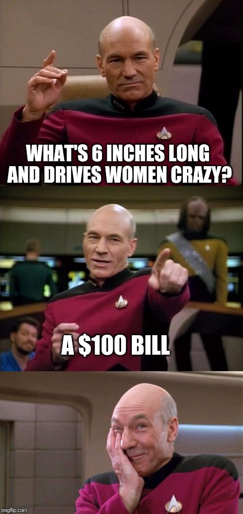 Priceless Picard | WHAT'S 6 INCHES LONG AND DRIVES WOMEN CRAZY? A $100 BILL | image tagged in bad pun picard,that wasnt very cash money,its a trap,picard wtf,confused dafuq jack sparrow what,star trek the next generation | made w/ Imgflip meme maker