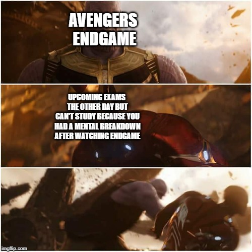 avengers infinity war | AVENGERS ENDGAME; UPCOMING EXAMS THE OTHER DAY BUT CAN'T STUDY BECAUSE YOU HAD A MENTAL BREAKDOWN AFTER WATCHING ENDGAME | image tagged in avengers infinity war | made w/ Imgflip meme maker