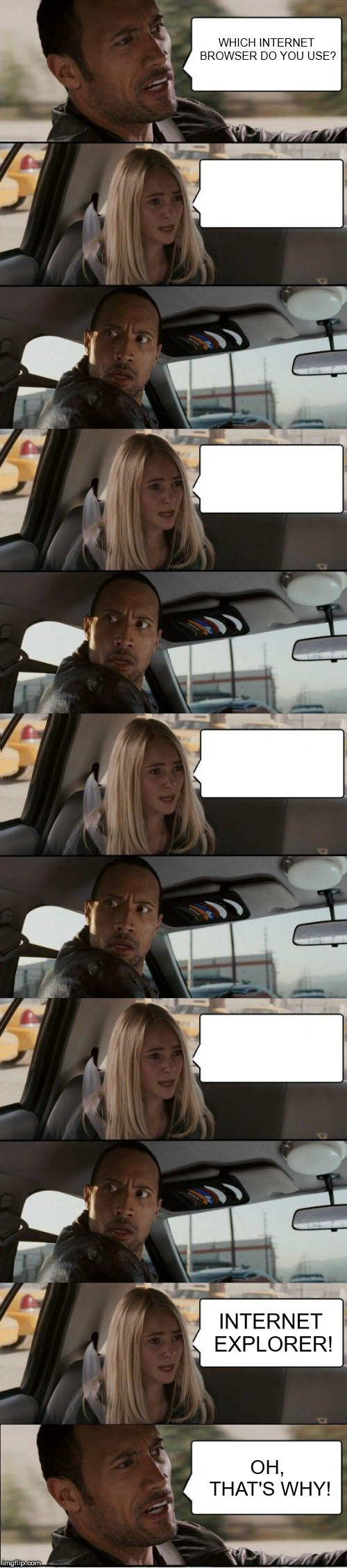 Windows' built-in Firefox download tool! | WHICH INTERNET BROWSER DO YOU USE? INTERNET EXPLORER! OH, THAT'S WHY! | image tagged in the rock long,the rock driving,internet explorer | made w/ Imgflip meme maker