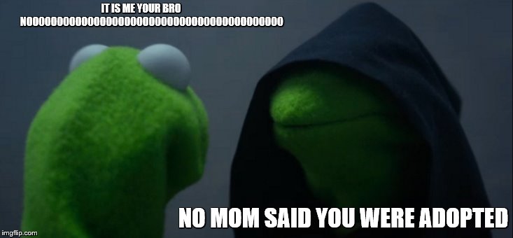Evil Kermit | IT IS ME YOUR BRO           NOOOOOOOOOOOOOOOOOOOOOOOOOOOOOOOOOOOOOOOOOO; NO MOM SAID YOU WERE ADOPTED | image tagged in memes,evil kermit | made w/ Imgflip meme maker
