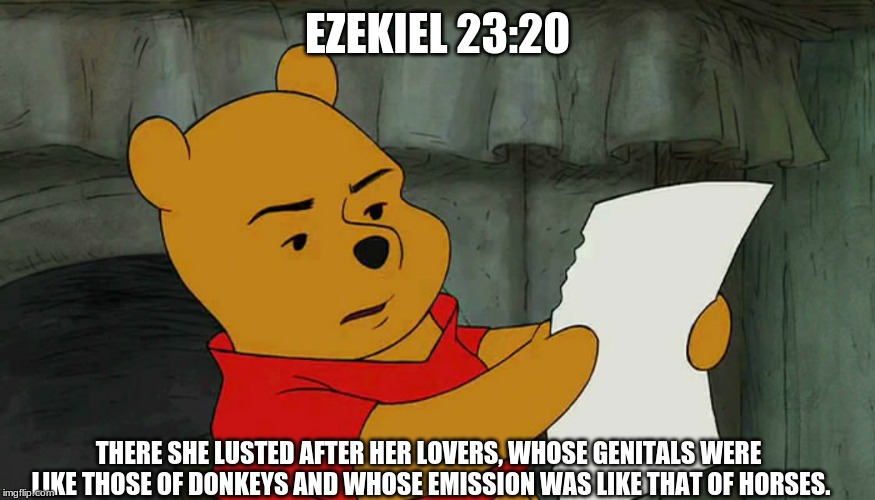 winnie the pooh reading | EZEKIEL 23:20; THERE SHE LUSTED AFTER HER LOVERS, WHOSE GENITALS WERE LIKE THOSE OF DONKEYS AND WHOSE EMISSION WAS LIKE THAT OF HORSES. | image tagged in winnie the pooh reading | made w/ Imgflip meme maker