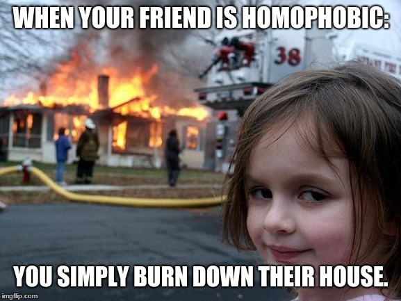 Disaster Girl Meme | WHEN YOUR FRIEND IS HOMOPHOBIC:; YOU SIMPLY BURN DOWN THEIR HOUSE. | image tagged in memes,disaster girl | made w/ Imgflip meme maker