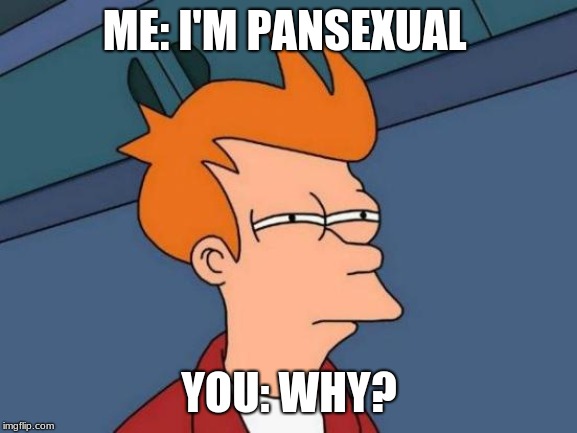 Futurama Fry | ME: I'M PANSEXUAL; YOU: WHY? | image tagged in memes,futurama fry | made w/ Imgflip meme maker
