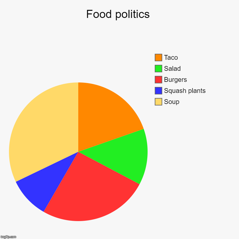 Food politics | Soup, Squash plants, Burgers, Salad, Taco | image tagged in charts,pie charts | made w/ Imgflip chart maker