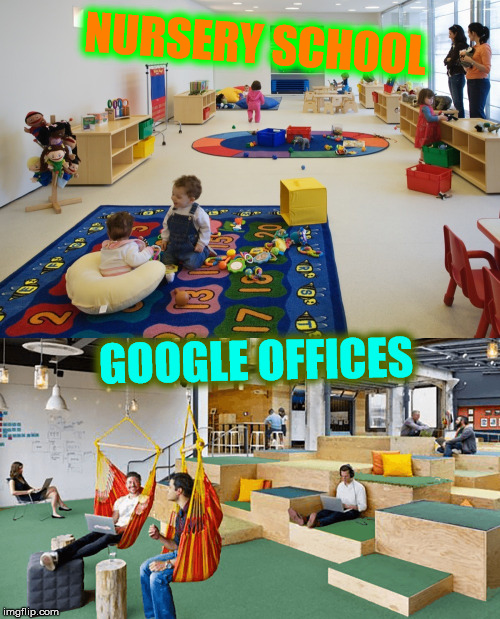Ne·ot·e·ny :/nēˈät(ə)nē/ | NURSERY SCHOOL; GOOGLE OFFICES | image tagged in memes,funny,dank memes,back in my day,first world problems,growing up | made w/ Imgflip meme maker