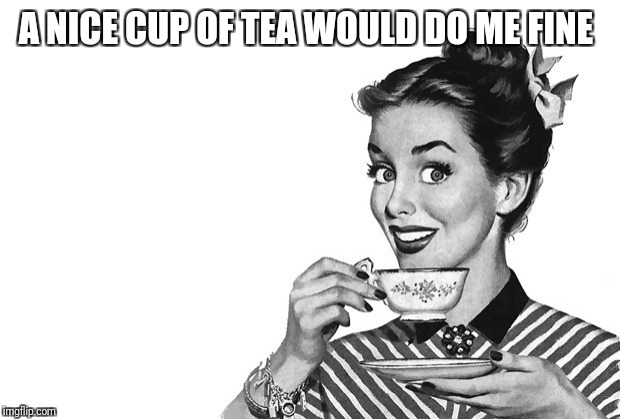 1950s Housewife | A NICE CUP OF TEA WOULD DO ME FINE | image tagged in 1950s housewife | made w/ Imgflip meme maker