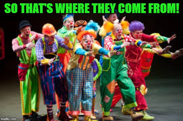 clowns | SO THAT'S WHERE THEY COME FROM! | image tagged in clowns | made w/ Imgflip meme maker