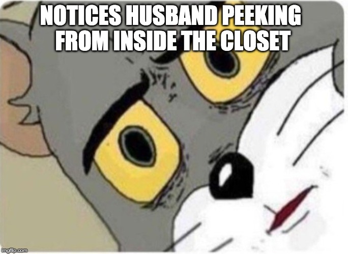Tom and Jerry meme | NOTICES HUSBAND PEEKING FROM INSIDE THE CLOSET | image tagged in tom and jerry meme | made w/ Imgflip meme maker