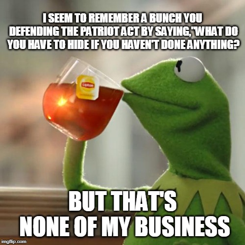 But That's None Of My Business Meme | I SEEM TO REMEMBER A BUNCH YOU DEFENDING THE PATRIOT ACT BY SAYING,"WHAT DO YOU HAVE TO HIDE IF YOU HAVEN'T DONE ANYTHING? BUT THAT'S NONE OF MY BUSINESS | image tagged in memes,but thats none of my business,kermit the frog,politics,mueller,trump | made w/ Imgflip meme maker