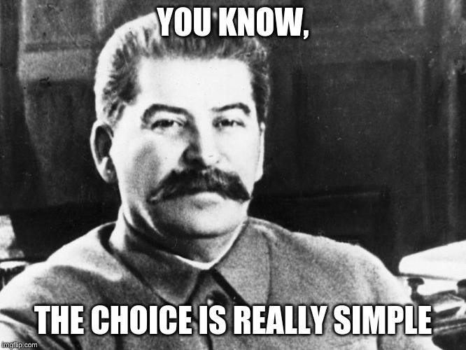 Joseph Stalin | YOU KNOW, THE CHOICE IS REALLY SIMPLE | image tagged in joseph stalin | made w/ Imgflip meme maker
