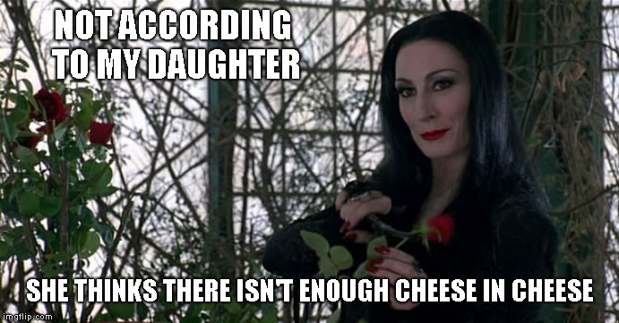 Addams Family | NOT ACCORDING TO MY DAUGHTER SHE THINKS THERE ISN'T ENOUGH CHEESE IN CHEESE | image tagged in addams family | made w/ Imgflip meme maker