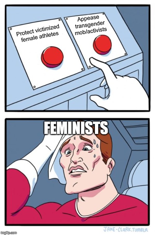 Two Buttons | Appease transgender mob/activists; Protect victimized female athletes; FEMINISTS | image tagged in memes,two buttons | made w/ Imgflip meme maker
