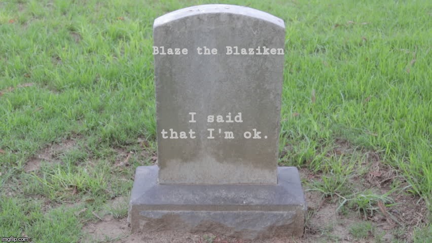 Blank Tombstone 001 | Blaze the Blaziken I said that I'm ok. | image tagged in blank tombstone 001 | made w/ Imgflip meme maker