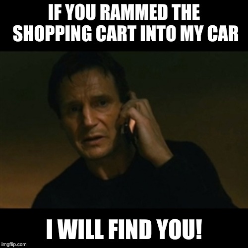 Liam Neeson Taken Meme | IF YOU RAMMED THE SHOPPING CART INTO MY CAR; I WILL FIND YOU! | image tagged in memes,liam neeson taken | made w/ Imgflip meme maker