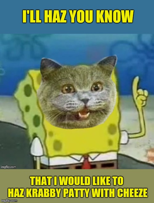 I wantz it! | I'LL HAZ YOU KNOW; THAT I WOULD LIKE TO HAZ KRABBY PATTY WITH CHEEZE | image tagged in memes,i can has cheezburger cat,spongbob week,ill have you know spongebob,44colt,krabby patty | made w/ Imgflip meme maker
