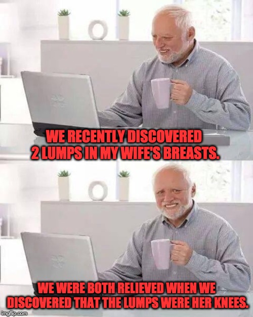Hide the Pain Harold Meme | WE RECENTLY DISCOVERED 2 LUMPS IN MY WIFE'S BREASTS. WE WERE BOTH RELIEVED WHEN WE DISCOVERED THAT THE LUMPS WERE HER KNEES. | image tagged in memes,hide the pain harold | made w/ Imgflip meme maker