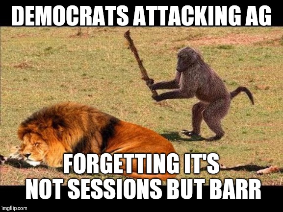 monkey hit lion tree | DEMOCRATS ATTACKING AG; FORGETTING IT'S NOT SESSIONS BUT BARR | image tagged in monkey hit lion tree | made w/ Imgflip meme maker