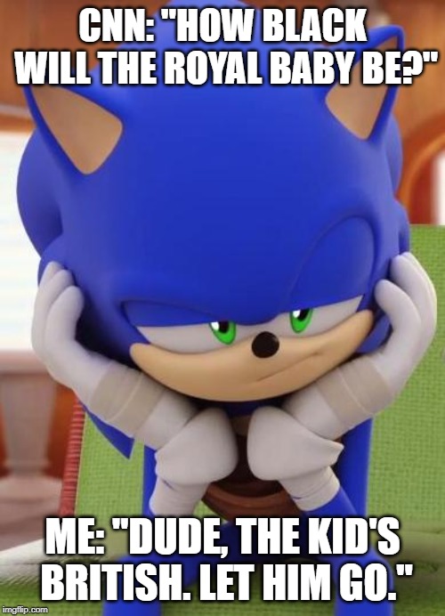 Disappointed Sonic | CNN: "HOW BLACK WILL THE ROYAL BABY BE?"; ME: "DUDE, THE KID'S BRITISH. LET HIM GO." | image tagged in disappointed sonic | made w/ Imgflip meme maker