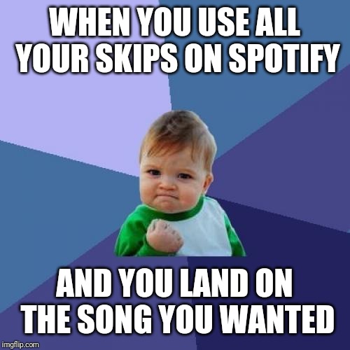 Success Kid Meme | WHEN YOU USE ALL YOUR SKIPS ON SPOTIFY; AND YOU LAND ON THE SONG YOU WANTED | image tagged in memes,success kid | made w/ Imgflip meme maker