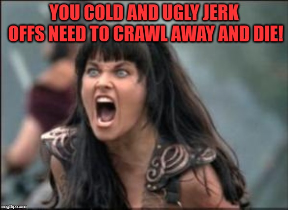 xena mad | YOU COLD AND UGLY JERK OFFS NEED TO CRAWL AWAY AND DIE! | image tagged in xena mad | made w/ Imgflip meme maker