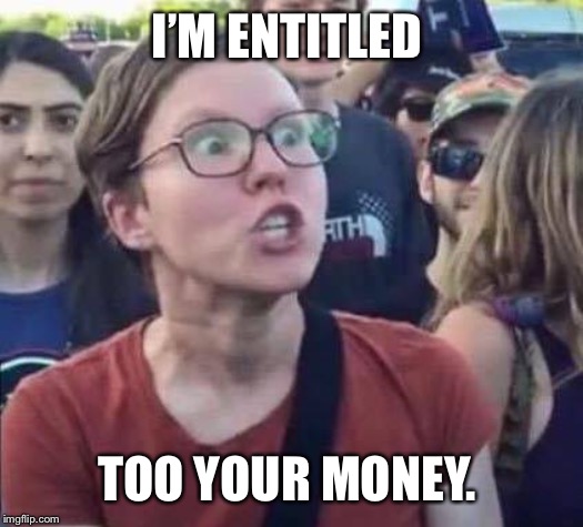 Angry Liberal | I’M ENTITLED TOO YOUR MONEY. | image tagged in angry liberal | made w/ Imgflip meme maker