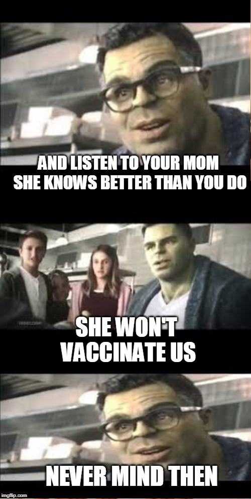 AND LISTEN TO YOUR MOM SHE KNOWS BETTER THAN YOU DO; SHE WON'T VACCINATE US; NEVER MIND THEN | image tagged in avengers endgame | made w/ Imgflip meme maker
