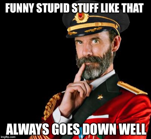 captain obvious | FUNNY STUPID STUFF LIKE THAT ALWAYS GOES DOWN WELL | image tagged in captain obvious | made w/ Imgflip meme maker