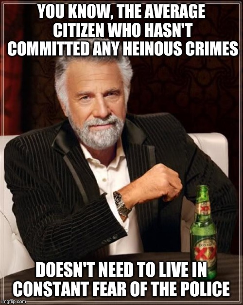 The Most Interesting Man In The World Meme | YOU KNOW, THE AVERAGE CITIZEN WHO HASN'T COMMITTED ANY HEINOUS CRIMES DOESN'T NEED TO LIVE IN CONSTANT FEAR OF THE POLICE | image tagged in memes,the most interesting man in the world | made w/ Imgflip meme maker