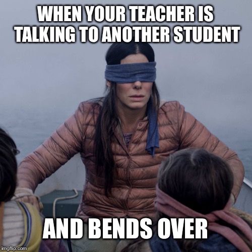 Bird Box | WHEN YOUR TEACHER IS TALKING TO ANOTHER STUDENT; AND BENDS OVER | image tagged in memes,bird box | made w/ Imgflip meme maker