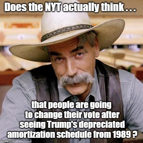 Does the New York Times Actually Think | Does the NYT actually think . . . that people are going to change their vote after seeing Trump's depreciated amortization schedule from 1989 ? | image tagged in sarcasm cowboy,new york times,trump,taxes | made w/ Imgflip meme maker