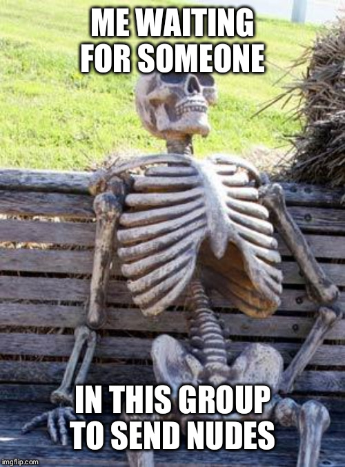 Waiting Skeleton | ME WAITING FOR SOMEONE; IN THIS GROUP TO SEND NUDES | image tagged in memes,waiting skeleton | made w/ Imgflip meme maker